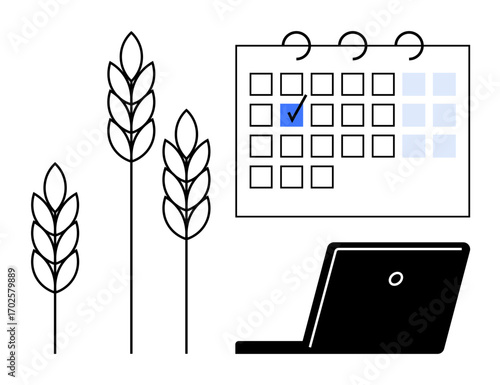 Wheat stalks, a marked calendar, and a laptop showing crop management, scheduling, and farm planning. Ideal for farming, time management, agronomy, productivity food supply agriculture flat simple