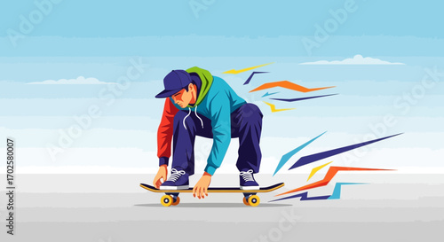 Skateboarder Displaying Dynamism, Style, and Modern Colors During a Sunny Day