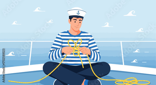 The Mariner Skillfully Crafts A Complex Knot Amidst The Calm Sea's Serenity