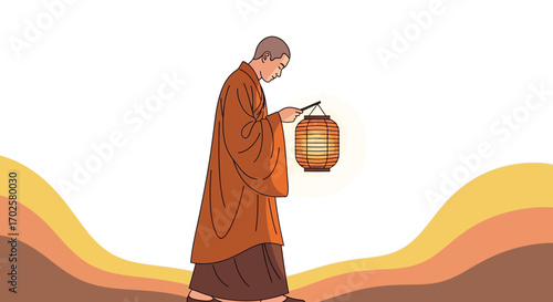 The Monk's Journey: Holding The Illuminated Lantern, Symbolizing Enlightenment And Peace