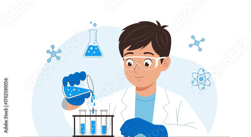 The Young Scientist Performs an Experiment in a Laboratory with Various Equipment