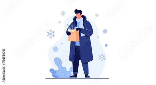 Person Walking In Winter, Holding Takeout, Amidst Snowy Weather And Blue Tones