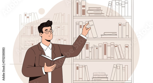 Thoughtful Intellectual Selecting A Book From Shelf In Home Library or Bookstore