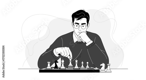 Thoughtful Chess Player Strategizing His Next Move on A Classic Chessboard