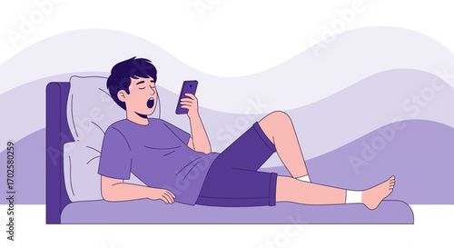 Tired Young Man Using Phone on Bed While Yawning With Boredom or Exhaustion