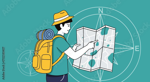 Traveler Studying A Geographical Chart to Seek Adventure, Exploring The World with Confidence