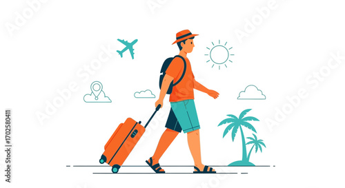 Traveling Person With Luggage Heading To Tropical Vacation Next To Sea And Palm Trees