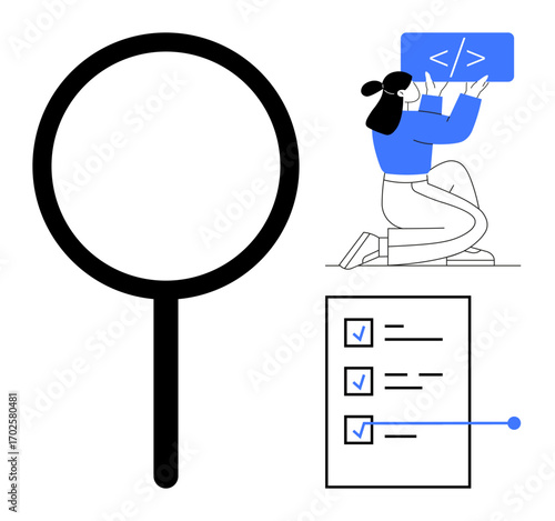 Magnifying glass, woman writing code, and checklist emphasize coding, productivity, and focus. Ideal for software, research, web development, quality control organization task tracking simple