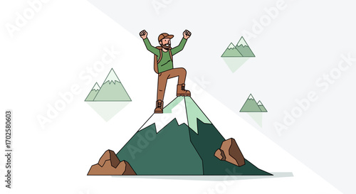 Triumphant Climber Reaches Mountain Summit Celebrating Achievement Joyfully