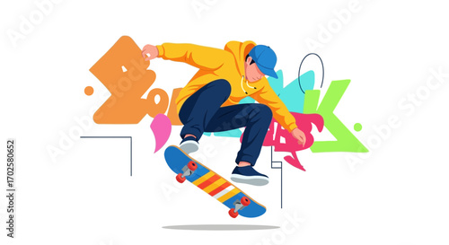 Skateboarder Performing A Trick With Colorful Graffiti Background On White Surface