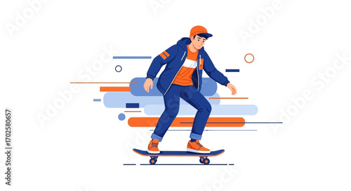 Skateboarder Skillfully Gliding on Board with Dynamic Vector Artwork for a Modern Composition