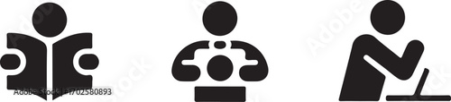 Iconography of people engaged in learning, reading, and technology use, representing knowledge acquisition and modern education