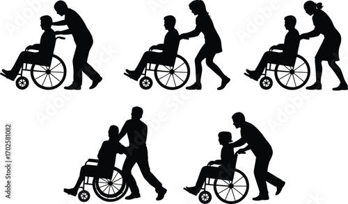 Assistance for wheelchair users silhouette collection people helping individuals with mobility challenges