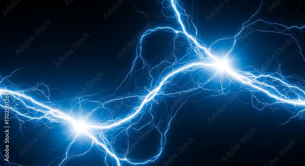 Obraz premium A mesmerizing display of electric blue lightning bolts branching out against a dark backdrop, showcasing the raw power and beauty of natures electrical phenomena in a captivating image