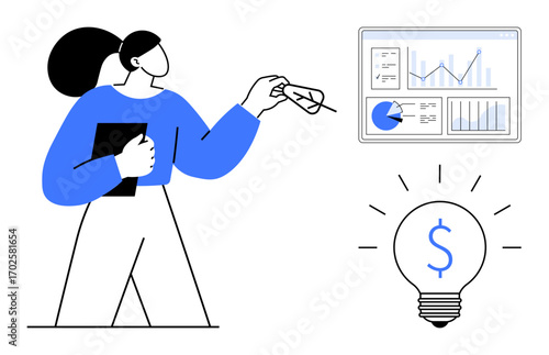 Woman holding glasses and tablet, reviewing a screen with data charts and graphs lightbulb with dollar sign for innovation, growth, finance, startups, strategy, analytics, simple landing page