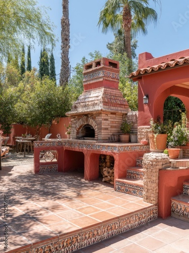 A terracotta outdoor kitchen area with a brick oven and tiled details under a sunny sky.