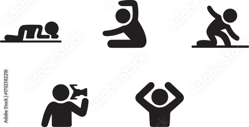 A versatile collection of stick figure icons representing the concept of human activities like exercise, photography, and emotion.