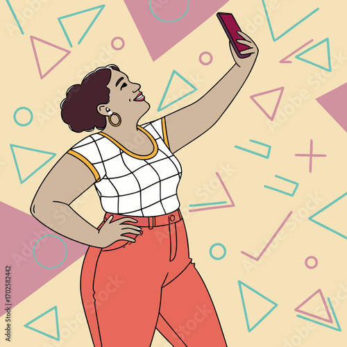 Plus size woman holding smartphone (social network / selfie).