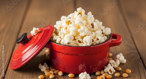 Red Pot Overflowing with Freshly Popped Popcorn on Wooden Surface.