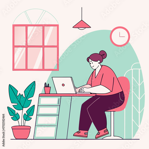 Plus size woman working on laptop / home office.