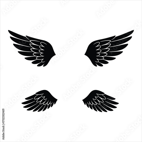 Majestic black feathered angel wings set in two sizes for creative design projects