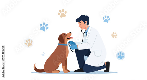 Veterinarian Examining a Dog: Healthcare For Companion Animals, Pet Medical Care Illustration