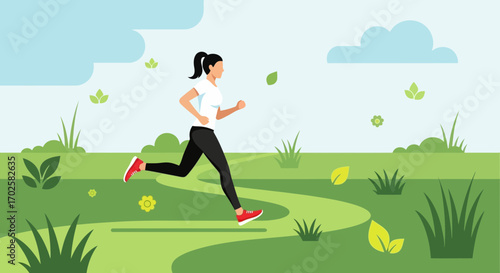 Woman Running Outdoors Depicted in an Artistic Illustration for Fitness and Wellness