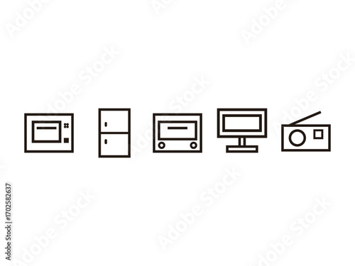 冷蔵庫、電子レンジ、トースター、テレビ、ラジオの線画アイコンのセット