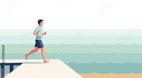 Vibrant Illustration Captures A Man Running Effortlessly Near The Serene Ocean Waters