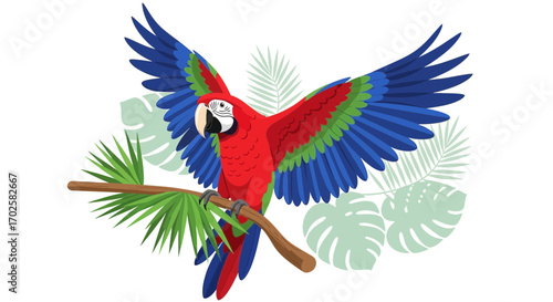 Vibrant Macaw Spreading Its Wings in Tropical Scene with Lush Foliage