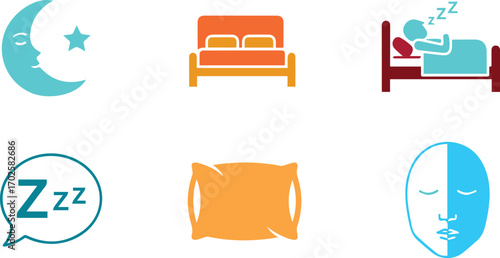 Illustration of sleeping icons includes a moon, bed, sleeping person, pillow, and face perfect for sleeprelated content, relaxation, or bedroom decor