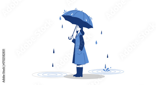 Woman Sheltered Under Umbrella Amidst Rain, Isolated on Pure White Backdrop with Detail