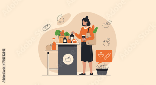 Woman Shopping For Groceries, At The Counter, Conceptual Illustration Of Buying Food, Healthy Diet