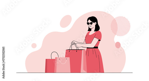Woman Shopping With Bags, A Colorful Illustration Depicting Style And Fashion Trends