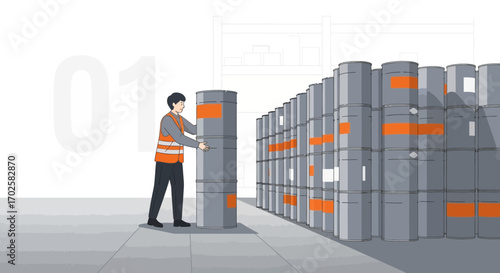 Warehouse Employee Handling Barrels, Illustrating Logistics and Operational Processes Efficiently