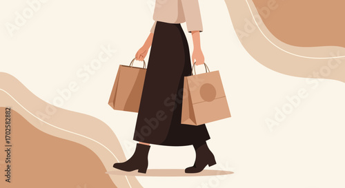 Woman Shopping Strolling Down The Street Holding Two Kraft Paper Bags Shopping.