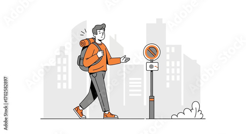 Wandering Traveler Discovers Urban Impediments, Encountering Road Signs in Cityscape Design