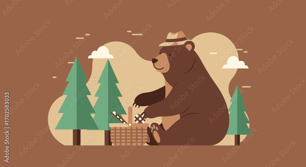 Naklejka premium Whimsical Forest Picnic: Adorable Bear Enjoying Food And Nature In A Stylish Way