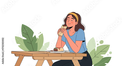 Woman Smiling While Enjoying A Delicious Wrap Meal At A Wooden Table Outside