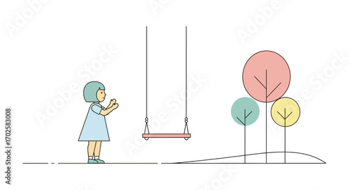 Whimsical Child Anticipates Swing Ride In Minimalist Landscape With Delicate Trees