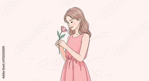 Woman Smelling A Delicate Pink Flower, Showing Peace and Beauty in Illustration
