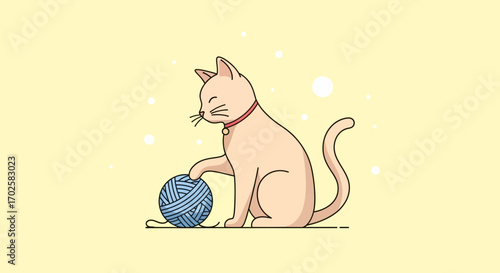 Whimsical Feline Playtime Depiction: Engaging Cat with Textured Yarn Ball, Minimal Art