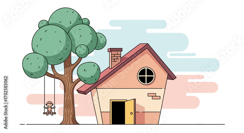 Whimsical Illustration Of A House With Tree, Swing, And Happy Person