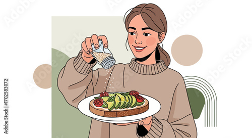 Woman Sprinkling Seasoning On Toast With Avocado And Tomato, Fresh Breakfast Concept