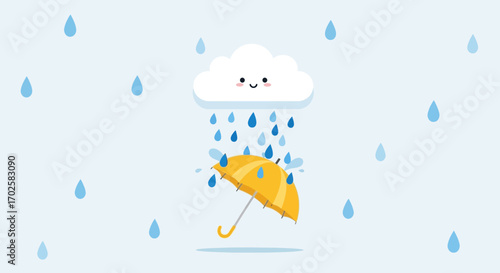 Whimsical Illustration Of Cloud Raining On Yellow Umbrella Capturing Weather's Playful Side