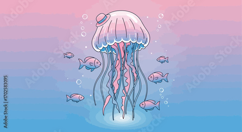 Whimsical Jellyfish In A Gentleman's Hat Swim With Playful Fish Cartoon Illustration