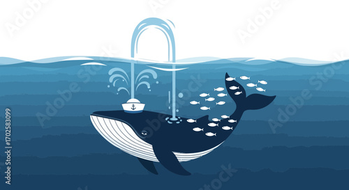 Whimsical Ocean Scene With Whale and Fish, Undersea Life, Artistic Illustration