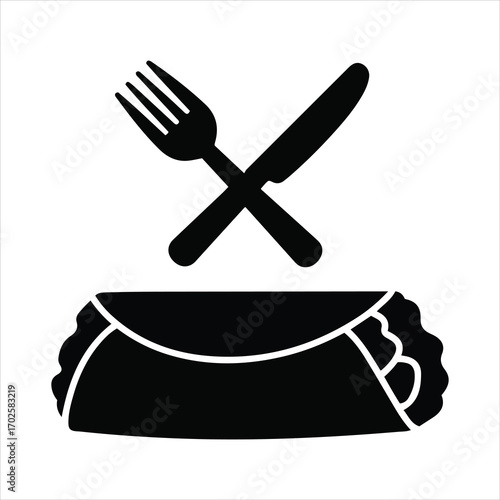 Delicious burrito icon with crossed fork and knife symbol for food restaurant or mexican cuisine