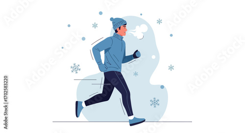 Winter Runner Exercising Outdoors in Snowy Weather Amidst Falling Snowflakes