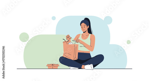 Woman Unpacks Takeaway Meal After Workout Healthy Eating Delivery Concept